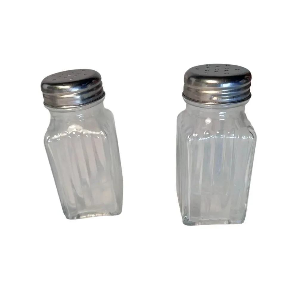 Vintage SQUARE Ribbed Clear Glass SALT and PEPPER Shaker Set - With Metal Lids